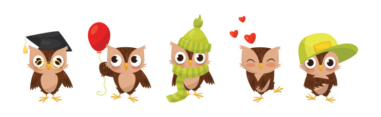 Cute Little Owl Character with Large Eyes and Wings Vector Set