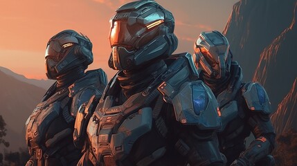 A group of space knights on a quest to retrieve a powerful artifact . Fantasy concept , Illustration painting. Generative Ai