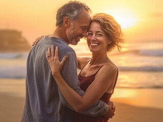 Liebevoller Moment: Umarmung am Strand bei Sonnenuntergang mit betonter Gesichtsausdruck, Lächeln und Herzlichkeit, Generative AI