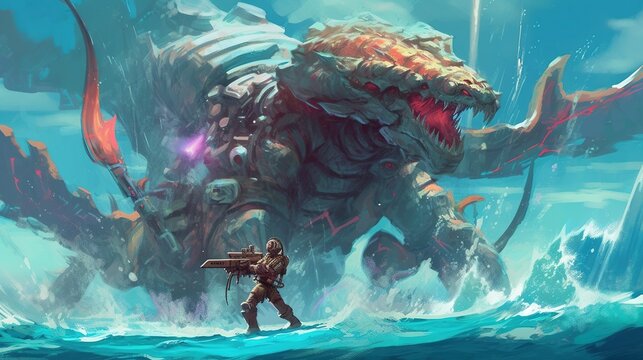 robot fighting a sea monster in a futuristic ocean . Fantasy concept , Illustration painting. Generative Ai