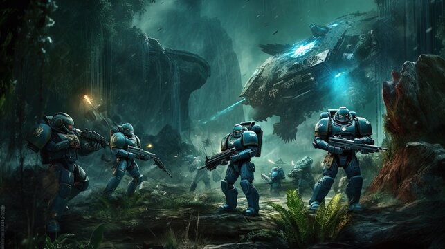 A group of space marines defending a research station from an alien attack . Fantasy concept , Illustration painting. Generative Ai
