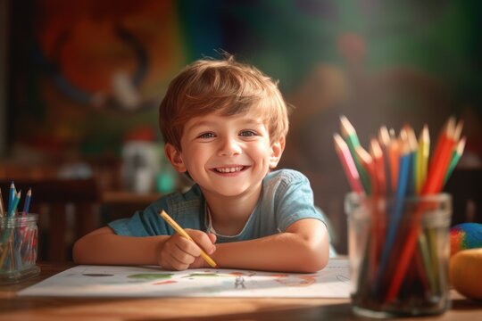 Kreatives Strahlen: Junge mit bunten Buntstiften am Tisch in energetischem Lachen