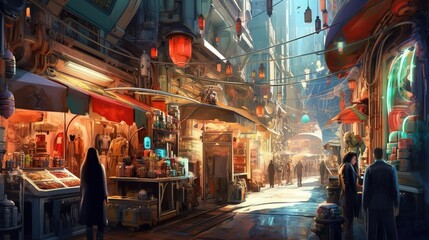 A group of human and alien traders doing business in a bustling sci-fi marketplace . Fantasy concept , Illustration painting. Generative Ai