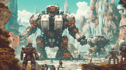 A group of gnomes piloting a steam-powered mech suit in a futuristic arena . Fantasy concept , Illustration painting. Generative Ai