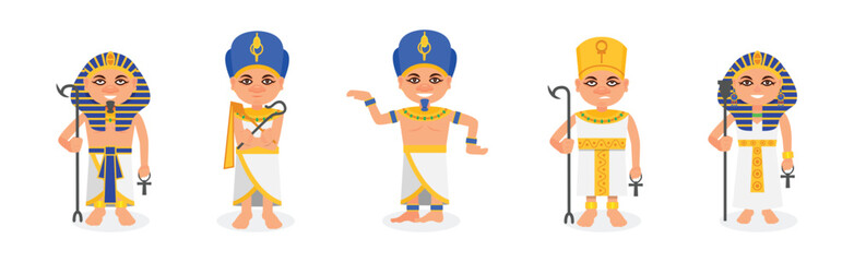Egyptian Man and Woman Pharaoh Characters Wearing Authentic Garment Vector Set
