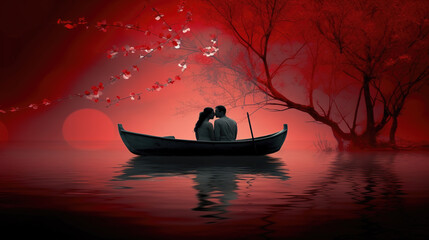 a couple sitting together in a small boat and watching the ocean, love and romantic wallpaper, ai generated image