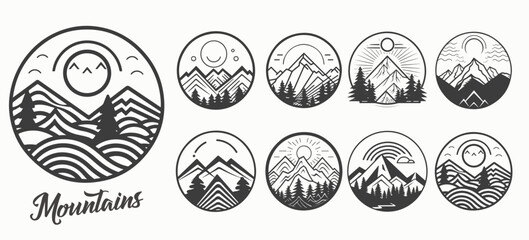 Mountain vector emblem logo templates collection. Mountain, forest and sun vector illustration.