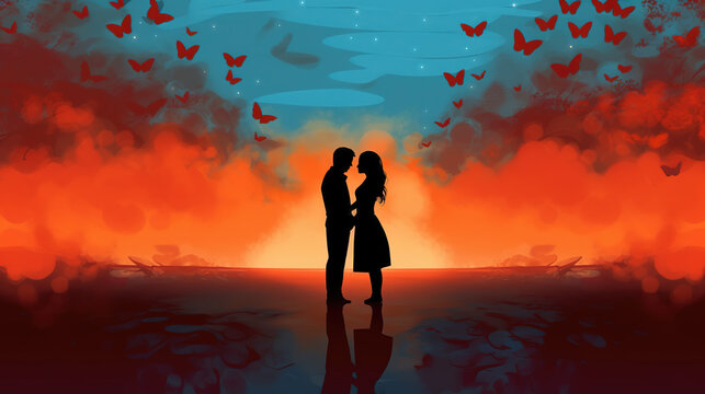 a romantic love wallpaper artwork of a couple holding hand and standing together, heart flying, ai generated image