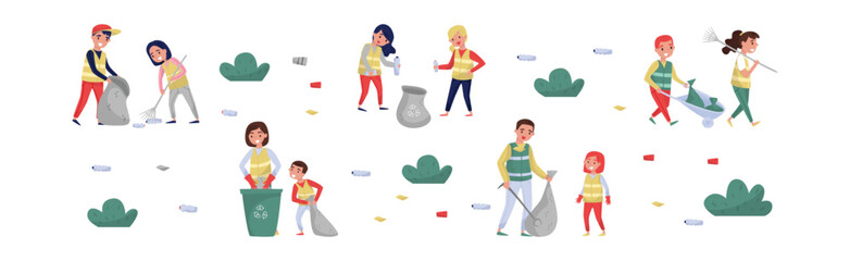 People with Kids Volunteers Cleaning Picking Garbage and Plastic Bottles Vector Set