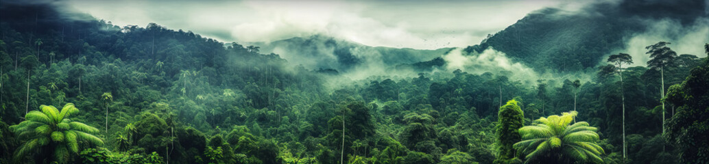 Foggy landscape in the jungle. Fog and cloud mountain tropic valley landscape. aerial view, wide misty panorama	 - obrazy, fototapety, plakaty