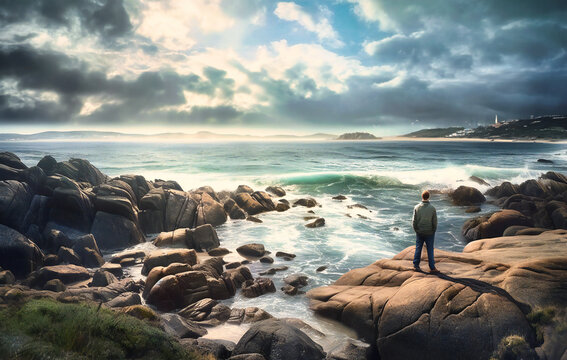 a man is standing on rocks looking out at the sea