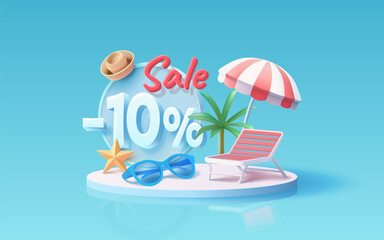 Summer time banner sale 10 Percentage, beach umbrella with lounger for relaxation, sunglasses, seaside vacation scene. Vector illustration