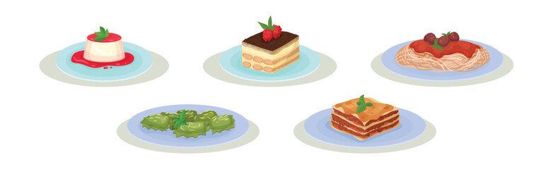 Italian Food and Dish Served on Plates Vector Set