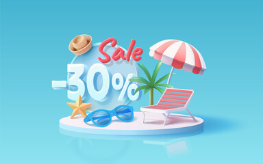 Summer time banner sale 30 Percentage, beach umbrella with lounger for relaxation, sunglasses, seaside vacation scene. Vector illustration