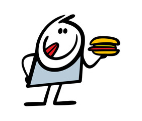 Satisfied hungry stickman with good appetite holds large sandwich with meat and sausage in hand. Vector illustration of unhealthy food.