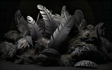 many feathers on a black background