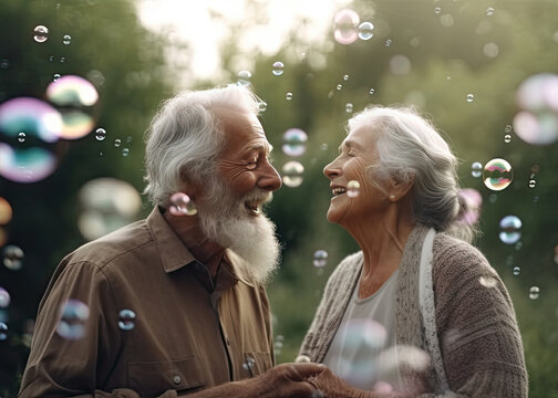 a pair of elderly gray-haired men and women in their 80s blow bubbles, a serene and carefree atmosphere