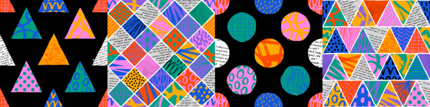 Colorful seamless pattern set with collage art texture. Modern contemporary art background collection, geometric shape hand drawn print, maximalist graffiti paint patchwork wallpaper.