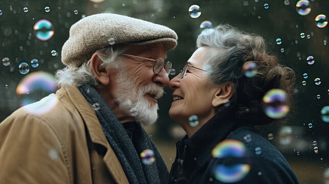 a pair of elderly gray-haired men and women in their 80s blow bubbles, a serene and carefree atmosphere