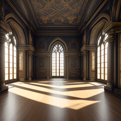 Fototapeta na wymiar a large room with a lot of windows in it, a flemish Baroque, gothic art, flickering light, vray tracing, gothic, AI generative