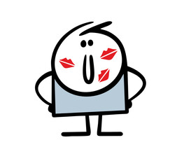 Kissed playboy stickman stands pleased with himself with traces of red lipstick on his face. Vector illustration of the hero lover.
