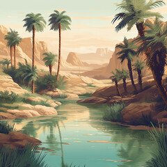 Desert Oasis Illustration for Midjourney AI: Peaceful Palms and Cool Waters