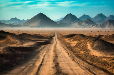 Fototapeta na wymiar a desert road leading from a mountain in western china