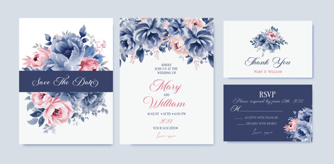 Fototapeta na wymiar Watercolor Navy blue and pink floral wedding invitation cards template