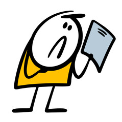 Disgruntled cartoon man reads a letter or newspaper. Vector illustration of a croupier who received a financial bill.