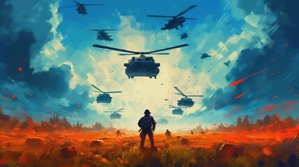 A fighter leading a charge against an enemy army in a vast field . Fantasy concept , Illustration painting. Generative Ai