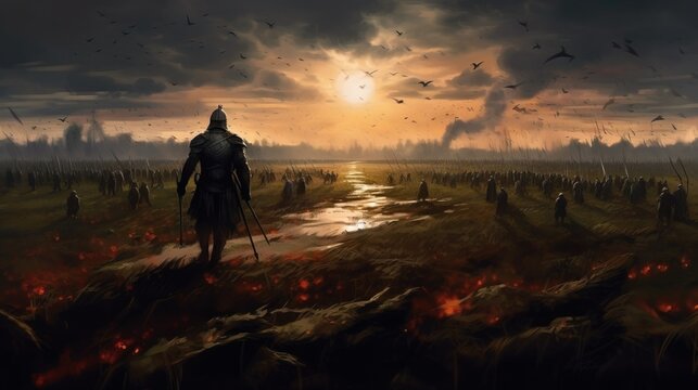 A fighter leading a charge against an enemy army in a vast field . Fantasy concept , Illustration painting. Generative Ai