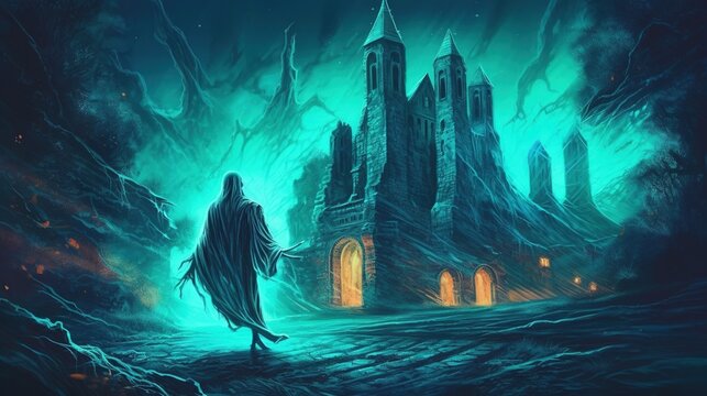 A ghost haunting a cursed castle . Fantasy concept , Illustration painting. Generative Ai