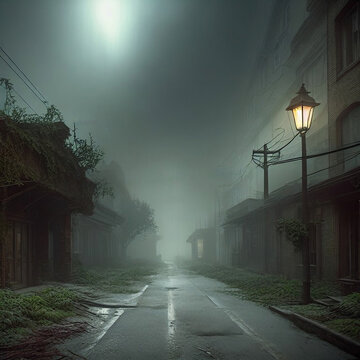 Camino misterioso de noche con neblina. Generative AI