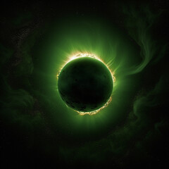 Fondo con detalle de eclipse de sol con tonos verdes, sobre cielo oscuro