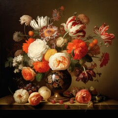 Obraz na płótnie Canvas Flower Still Life Bouquet in Vintage Vase, Ancient Dutch Masters Imitation, Abstract Generative AI Illustration