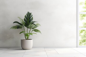 Green Plant on White Wall Background, Houseplant with Copy Space, Abstract Generative AI Illustration