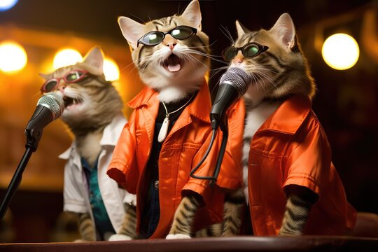 Singing Cats, Disco of 80s, Concert of 90s, Karaoke with Kittens, Abstract Generative AI Illustration