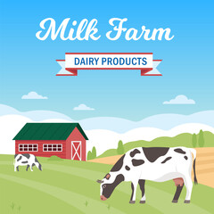 Summer rural landscape with cows and farm in green field with blue sky. Dairy products farming concept. Vector illustration.