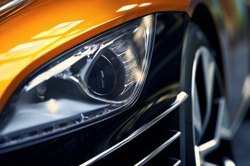 Obraz na płótnie Canvas Closeup of a headlight of a modern orange sports car