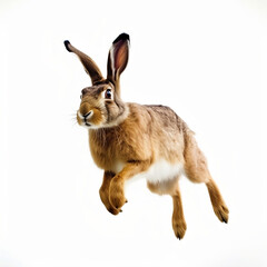 Forest hare jumping on white background, illustration created with generative AI technologies