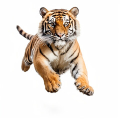 Angry tiger jumping on white background, illustration created with generative AI technologies