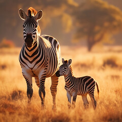 Savanna life, two zebras: mother and kid zebra  standing , sunset colors. Reservation habitants.illustration created with generative AI technologies
