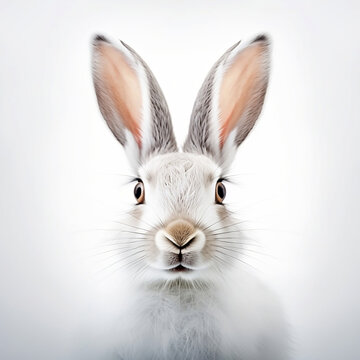 Portrait of cute fluffy hare  on white background, illustration created with generative AI technologies