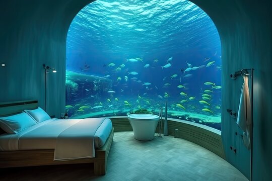 Underwater Hotel, Luxury Room Under Water, Aquatic Bedroom in Aquarium, Abstract Generative AI Illustration