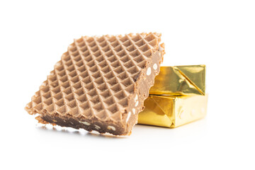 Sweet chocolate wafer isolated on white background.