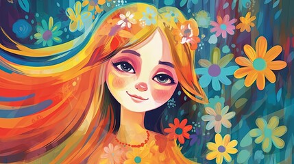 illustration of pretty woman in flower garden, Generative Ai