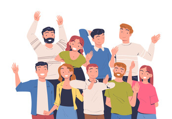 Fototapeta premium Team of Happy People Character Standing Together Waving Hand and Smiling Vector Illustration