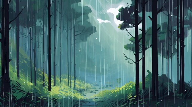 A downpour in a forest . Fantasy concept , Illustration painting. Generative Ai