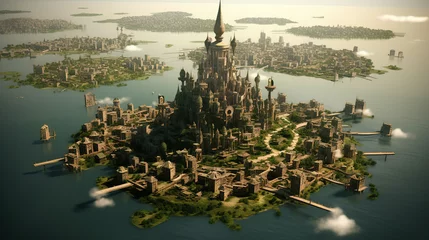 A fantasy kingdom with towering castles and sprawling cities . Fantasy concept , Illustration painting. Generative Ai © X-Poser