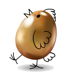 Gold egg decorated by Chicken wings and tails. Cute character. Vector hand drawn doodle illustrations for Easter, carnival, holyday, for kids designs. Isolated on white background